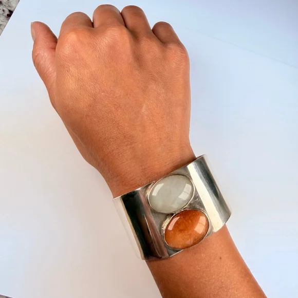Artisan BIG Orange & Pale Jade Handmade 35mm Wide Sterling Silver Cuff Bracelet - Picture 4 of 11